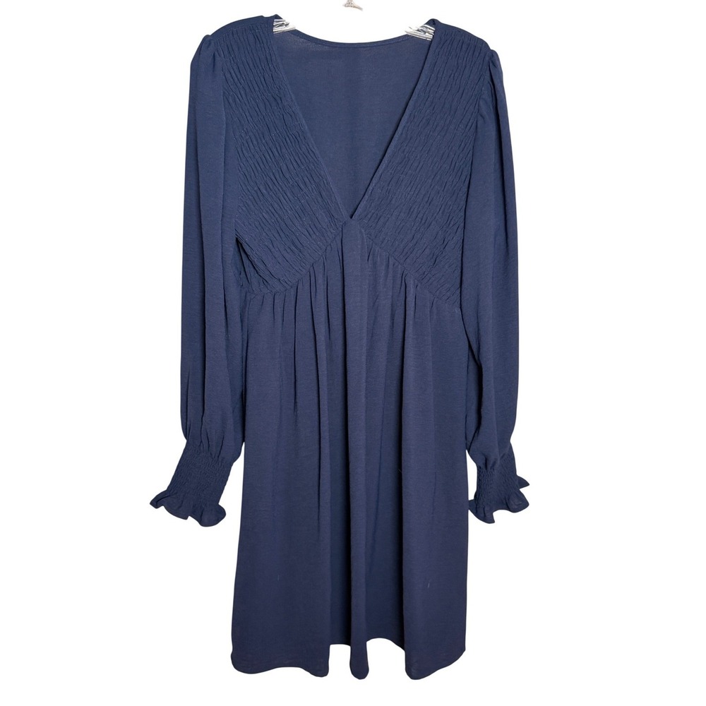 Empire Waist Mini Dress Womens L Navy Blue Smocked V-Neck Boho Smocked Flowy